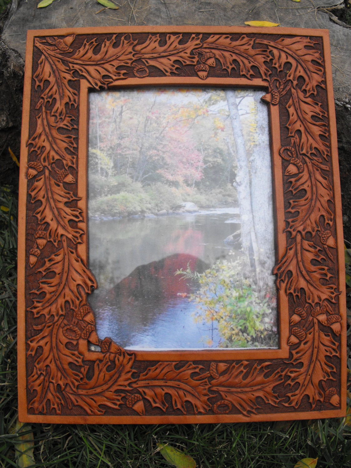 Hand Tooled Leather Picture Frame with Oak Leaf Pattern