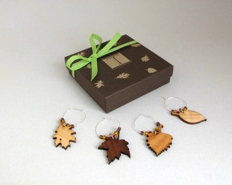 Leaf Wine Charm Gift Box Set - Laser Cut Wood Leaf Charms made from Sustainable Wisconsin Woods . Timber Green Woods