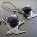 Black Freshwater Pearl Earrrings, Oxidized, Bird Charm, Sterling Silver