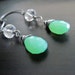 Green Chalcedony Briolette Earrings, Faceted Clear Quartz Rondelles, Oxidized Sterling Silver