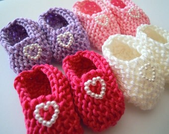 Girl baby shower decorations: 4 pairs of little hand knitted baby mini booties with pearlised hearts - pink lilac white 2 inches