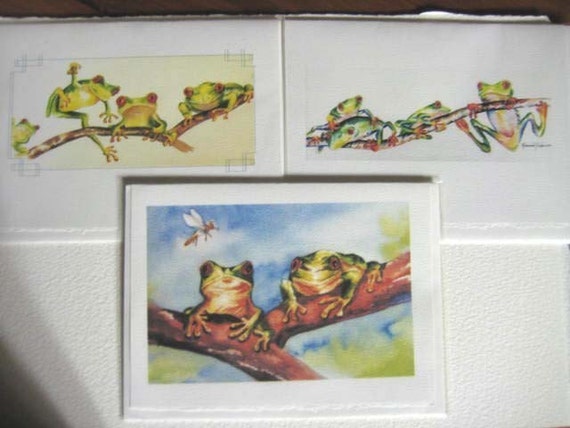 Tree Frogs, red eyed art 5 x 7 Note Cards set of 3, rain forest whimsy greeting cards, green