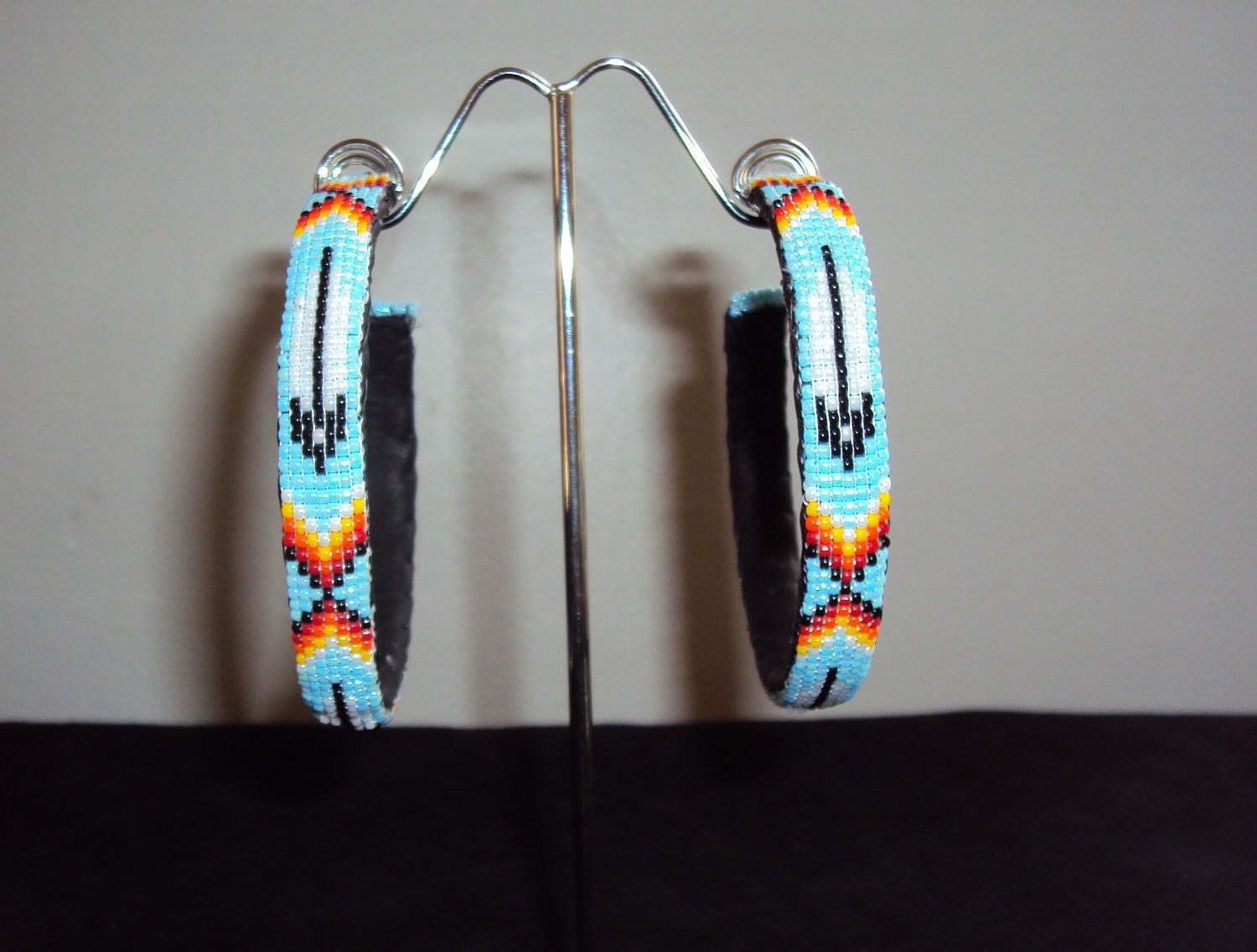 Native American Beaded Hoop Earrings Blue Color