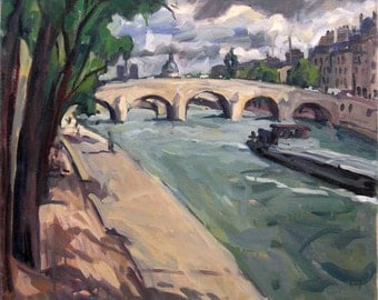 Paris, The Seine. 20x24 Original Realist Oil on Canvas, Impressionist Plein Air Landscape Painting, Signed Original Fine Art