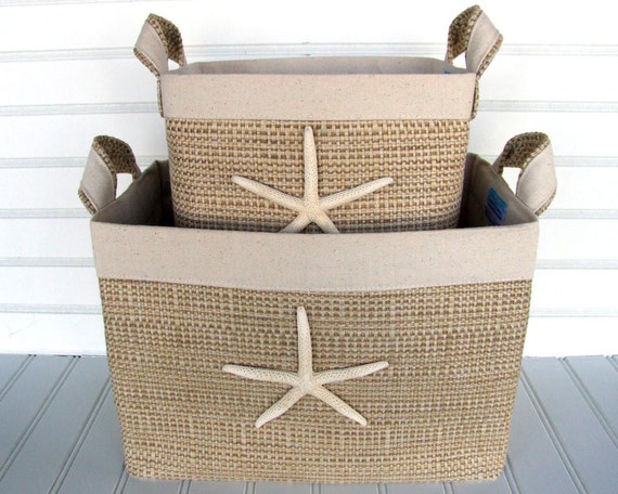 Set of Two Coastal Fabric Storage Baskets with Sea Stars for