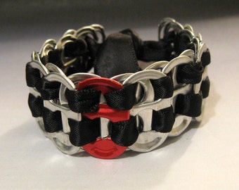 Recycled Soda Pop Can Tab Bracelet Red Tab Black Ribbon