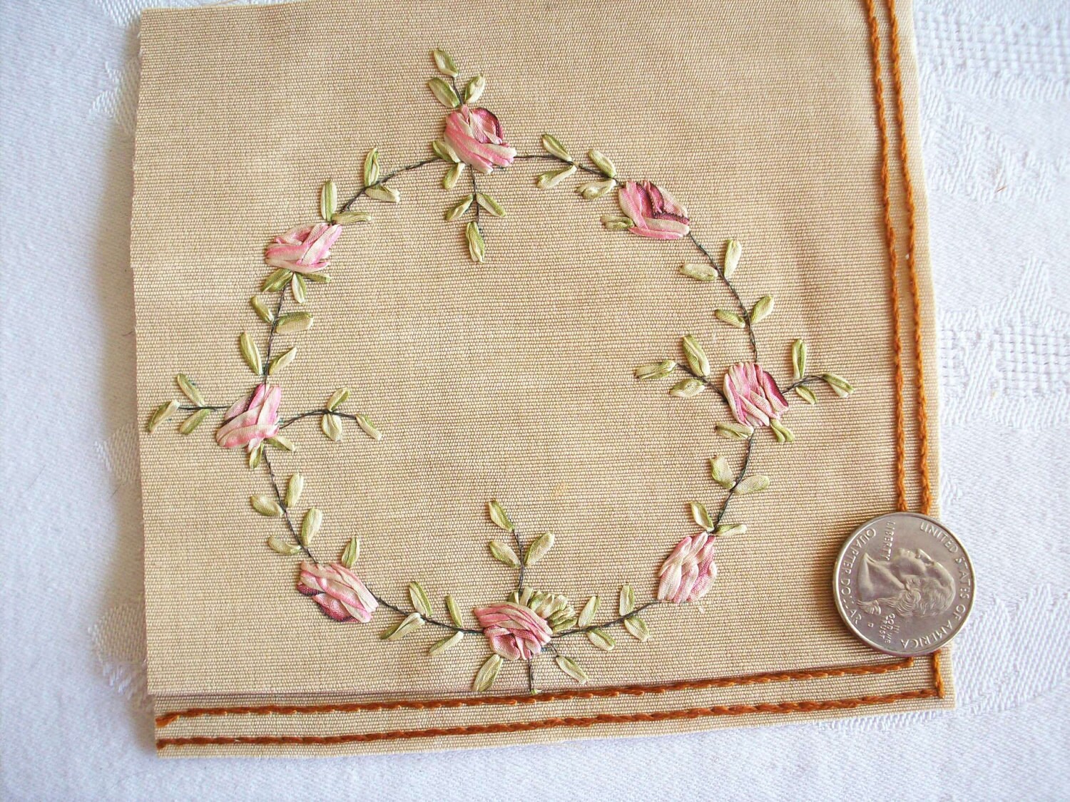 Antique silk ribbon embroidery on silk by TextileArtLace on Etsy