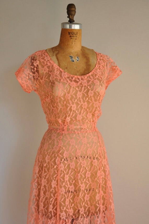 vintage 1950s dress / 50s peach pink lace dress / Cotton Candy