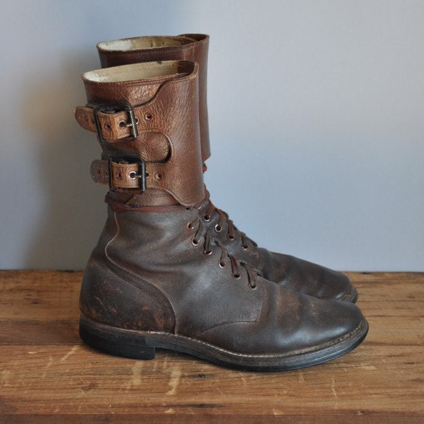 vintage rare 1930s WWII leather lace up buckle combat boots