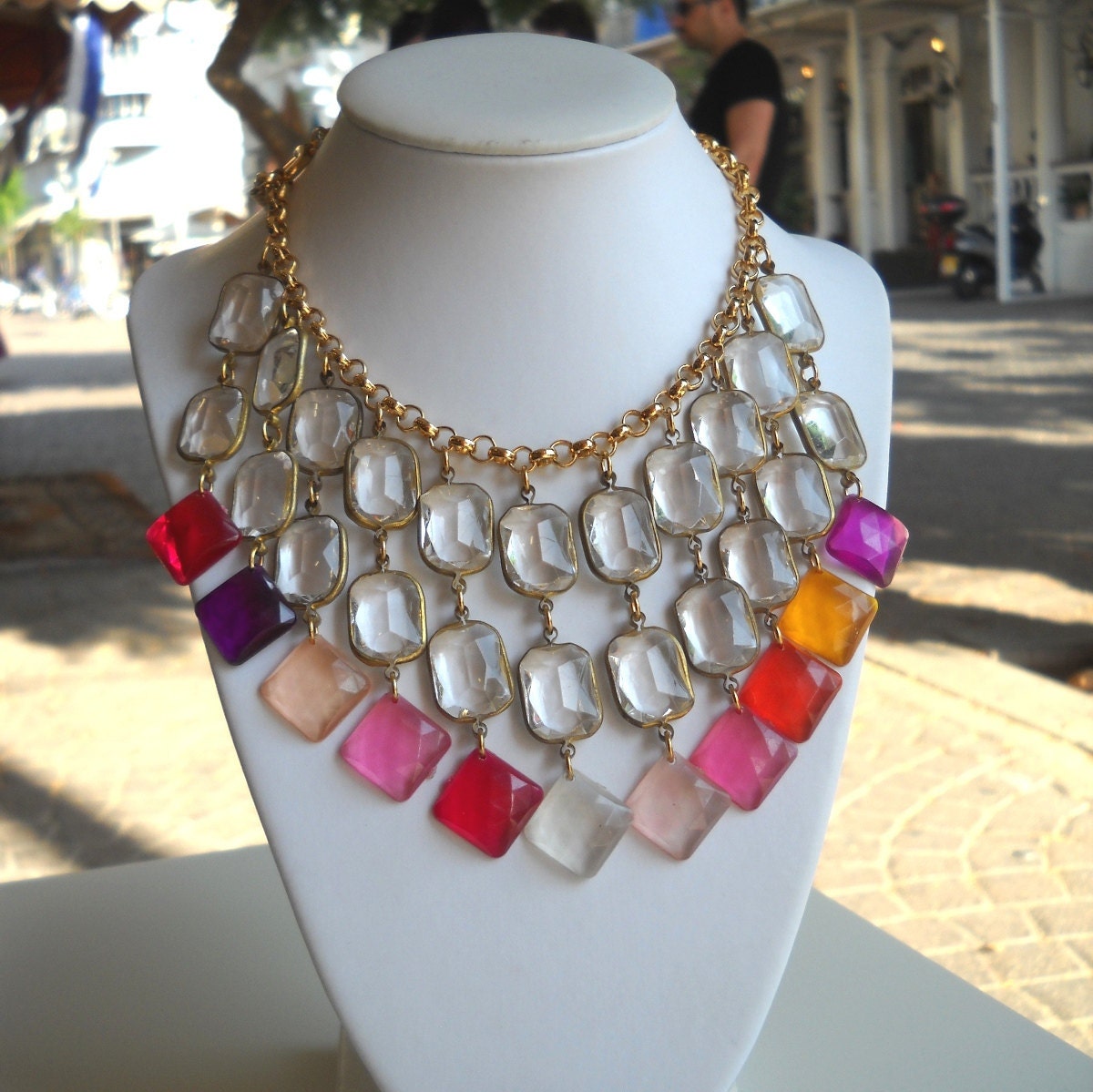 Crystal Chandelier Statement Necklace in Pink Shades
