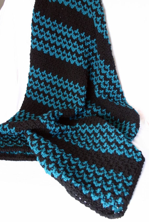 Crochet afghan blanket teal black double stranded dark blue