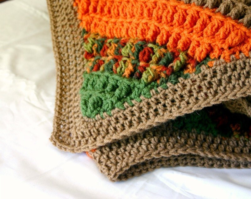 Striped afghan blanket diagonal autumn foliage crochet tan