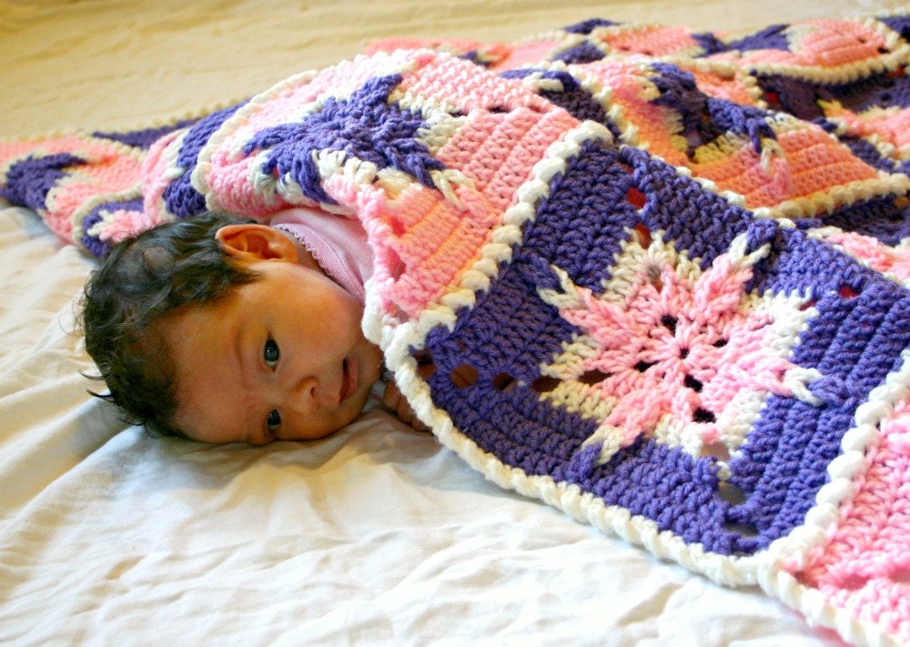 Baby girl afghan granny square blanket pink purple white