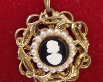 SALE PRICE Vintage Cameo Charm Pendant Faux Pearls 50s 60s Gold Tone Filigree Setting