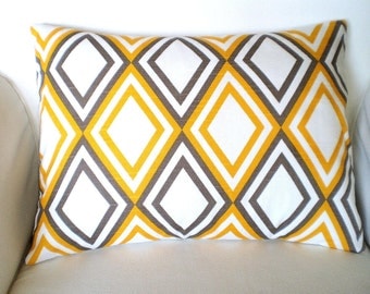 Yellow Taupe Pillow Cover Lumbar Pillow, Decorative Throw Cushion Cover, Diamond Pattern Yellow Taupe White Annie, One 12 x 16 or 12 x 18