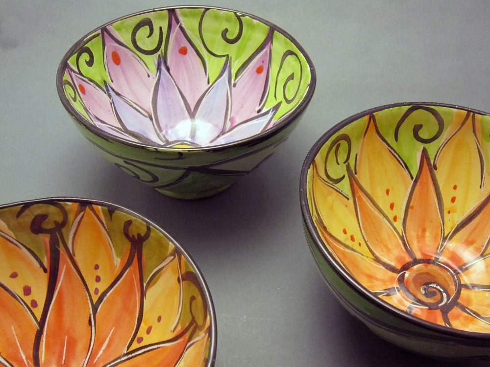 Pottery Clay Bowl Earthenware Orange Red Lotus Flower on Olive