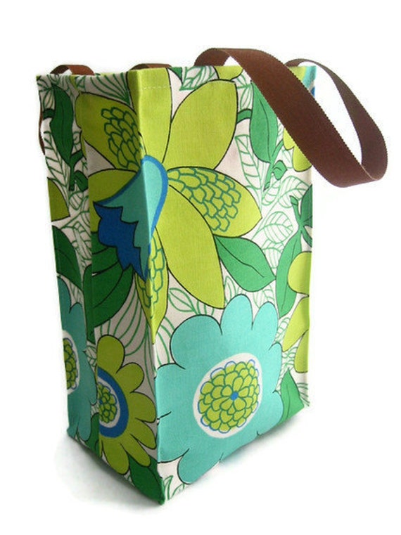 Lunch Bag Repurposed Vintage Tablecloth Green and Blue