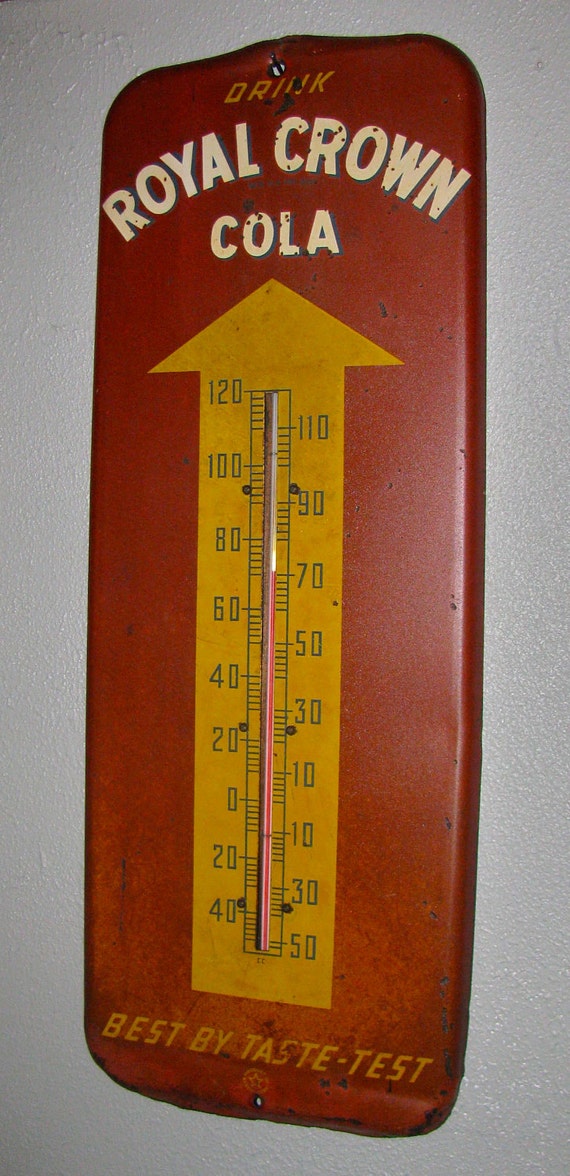 Antique 1950's ROYAL CROWN COLA Tin / Metal Thermometer