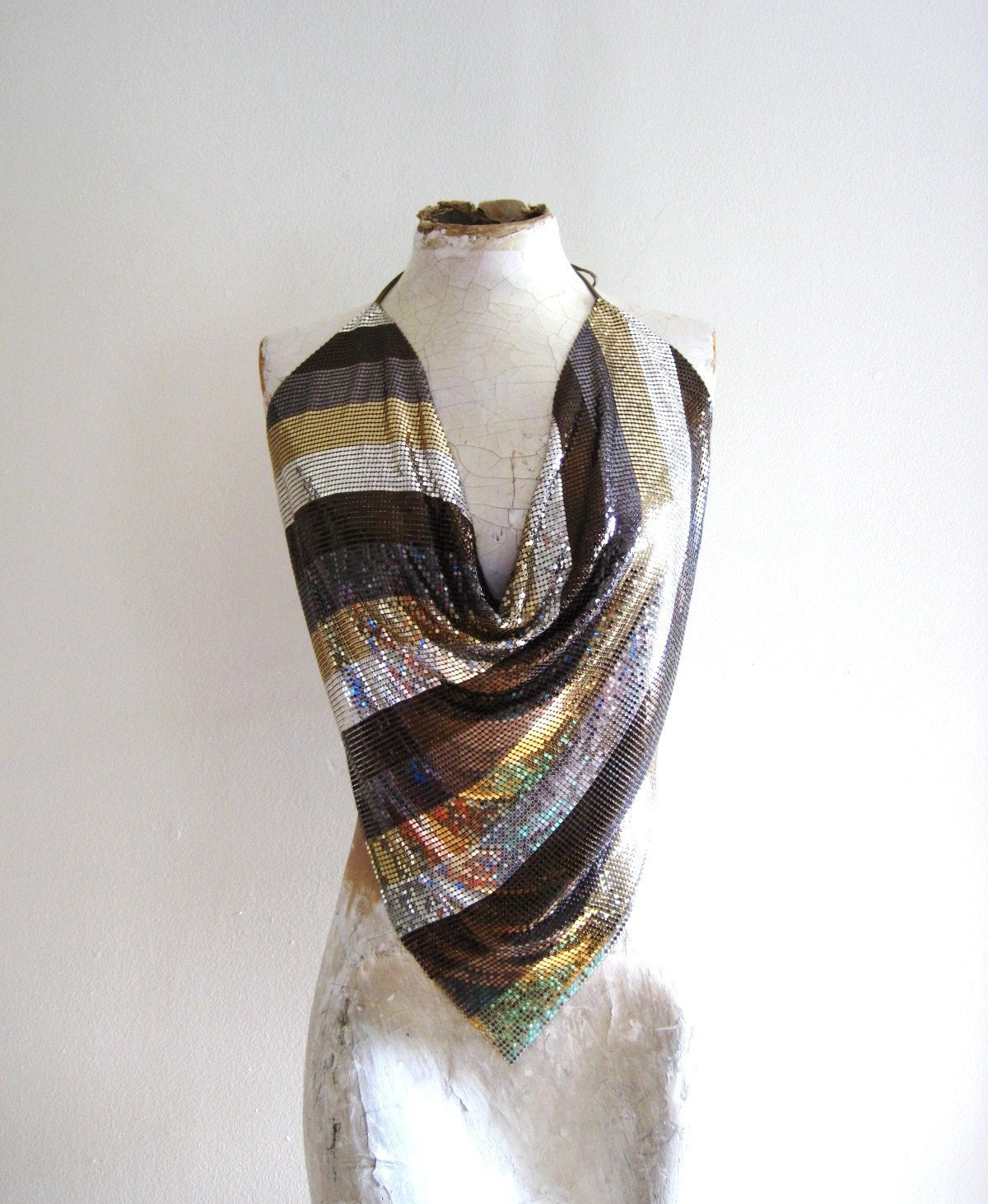 vintage 80s metal mesh halter top liquid metal gold silver