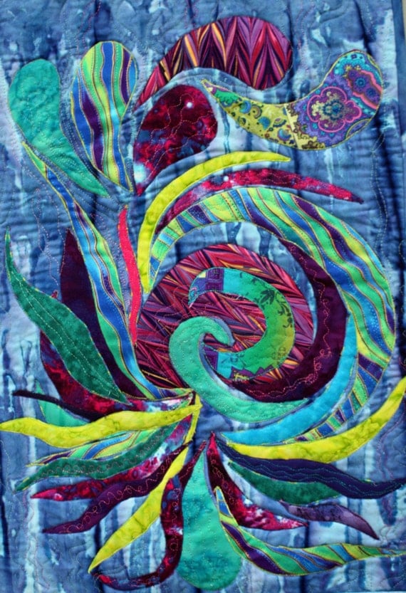 abstract applique art quilt in blue teal purple and green