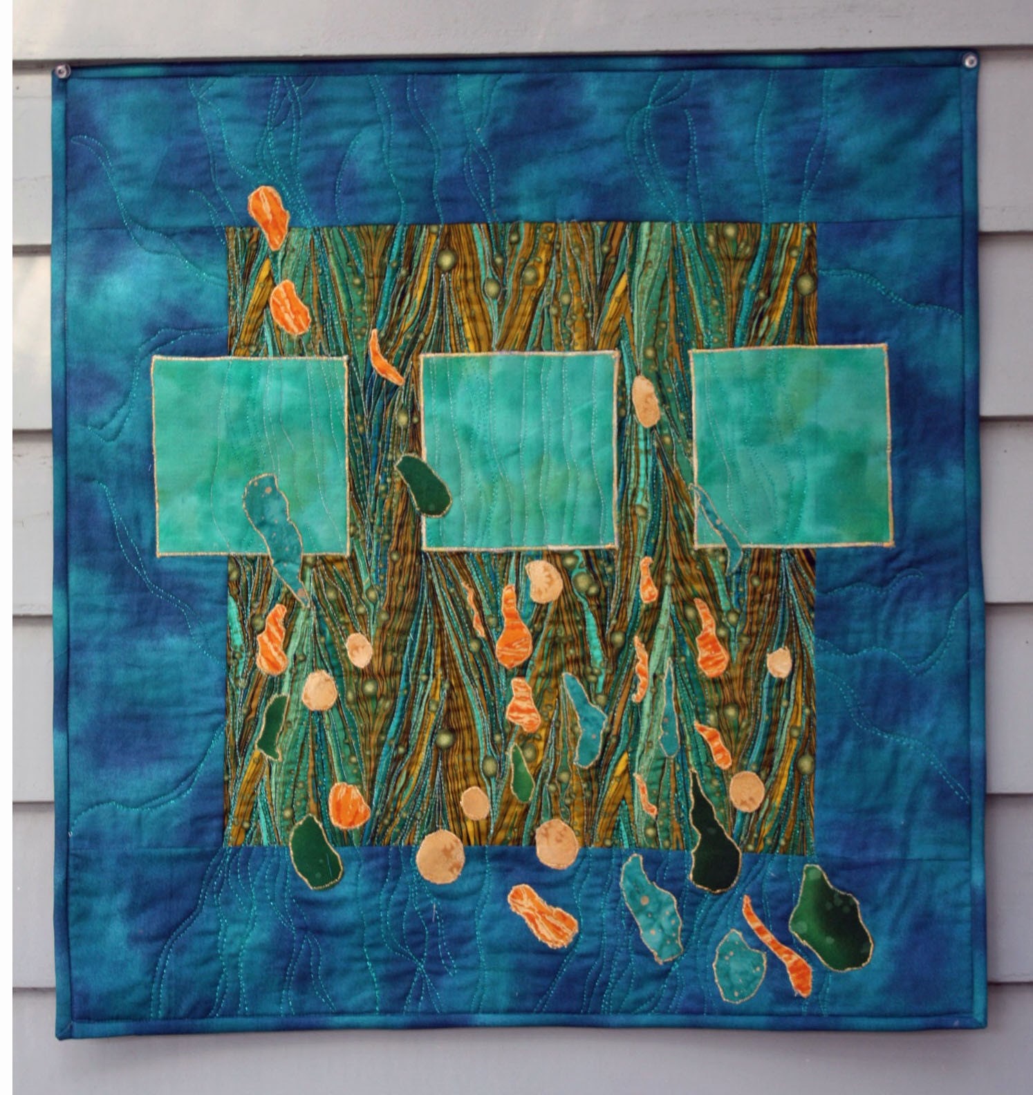 Imagine If..a modern art quilt in teal green peacock blue