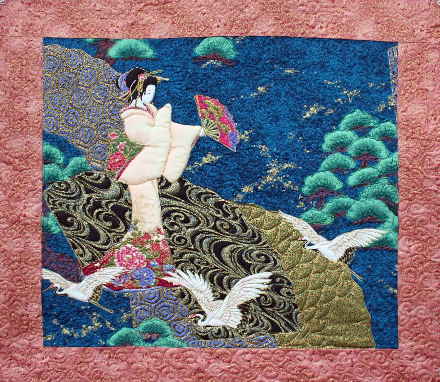 Asian art quilt trapunto geisha in peach by BarbaraHarmsFiberArt