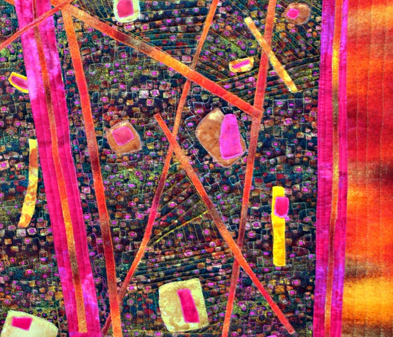 Abstract art quilt wall hangingbold color has gold metallic