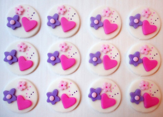 Fondant Cupcake Toppers - Hearts and Flowers - Valentines Day Il_570xn