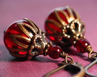 Dionysian Desires - Wine Red Czech Glass and Antiqued Copper Earrings