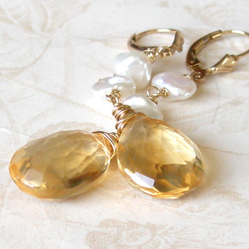 White pearl Citrine earrings handmade OOAK by envydesignsjewelry