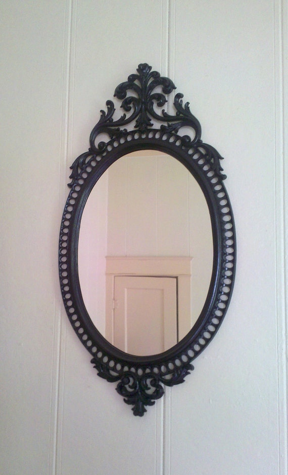 Large Ornate Oval Wall Mirror in Glossy Black Frame 31 x 16