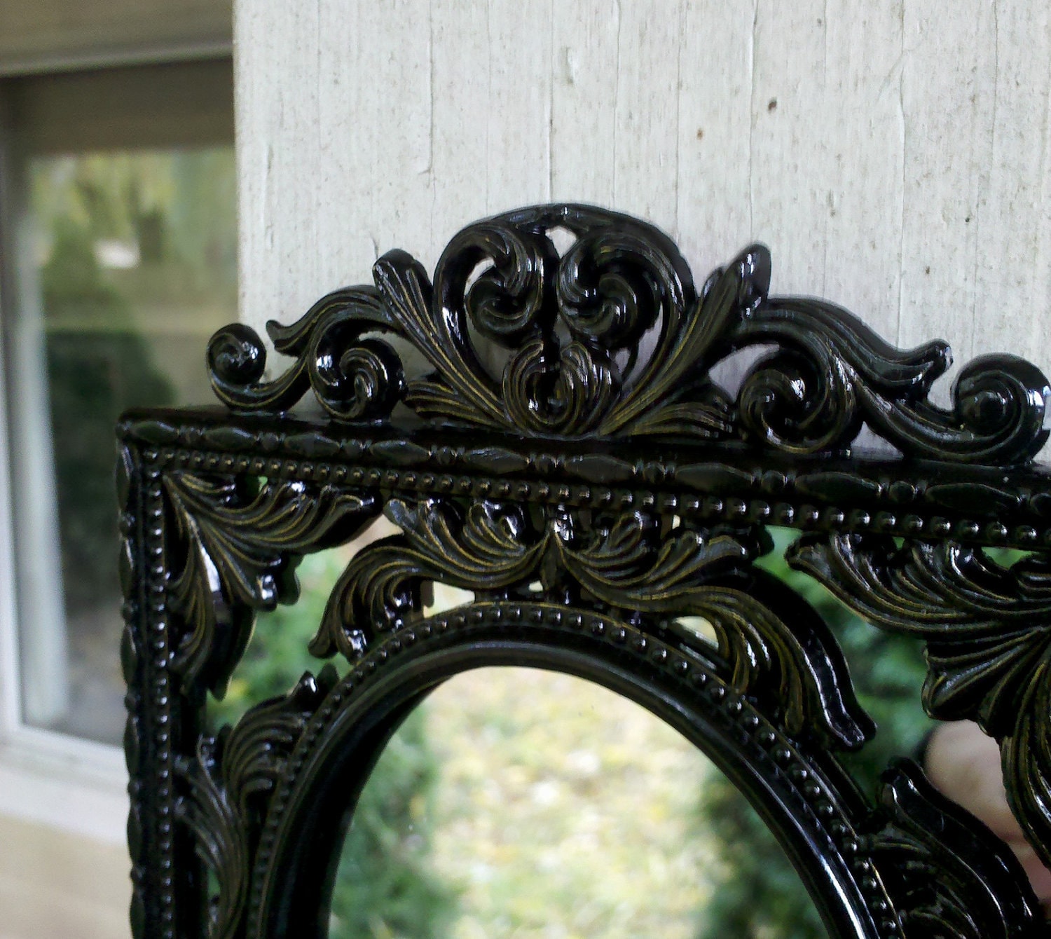 Black Wall Mirror in Ornate Vintage Brass Frame