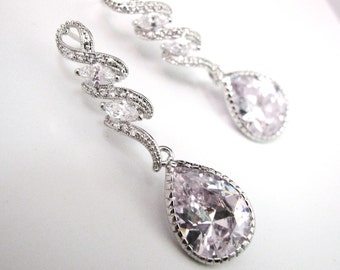 wedding bridal Clear white teardrop cubic zirconia on luxury curvy cz post earrings - Free US shipping