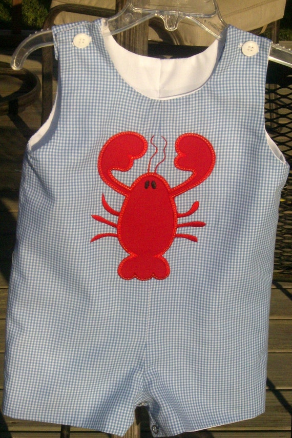 Lobster applique blue gingham Jon Jon Shortall sizes 9 months 4T