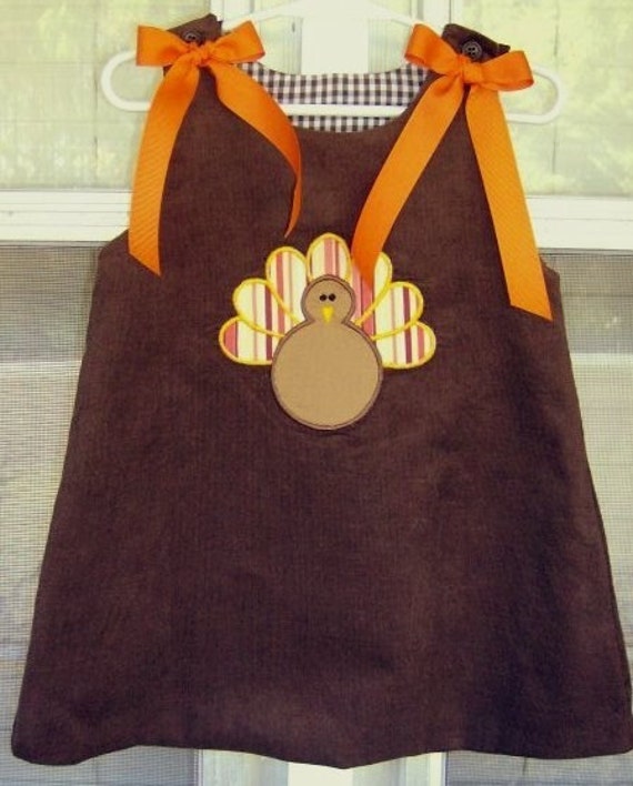 Turkey Applique Brown Corduroy Thanksgiving Dress size 1-4