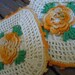 Vintage Crochet Pot Holders Farmhouse Romantic Roses Golden Yellow Cottage Chic Pair