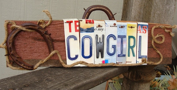 Cowgirl License plate Horseshoes Barn Wood Girl Cave by dables