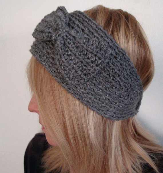 Crochet Wide Head Warmer Gray with Crochet Bow