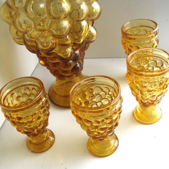 Vintage Amber Glass Cordial Set Bottle Glasses Grapes