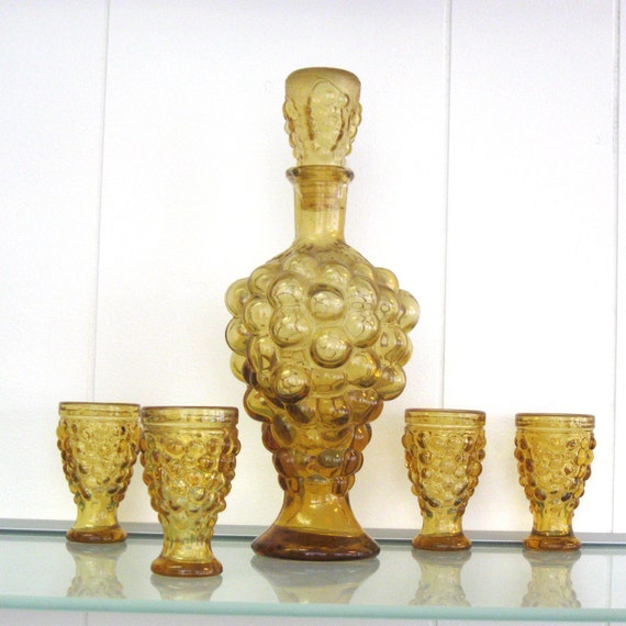 Vintage Amber Glass Cordial Set Bottle Glasses Grapes