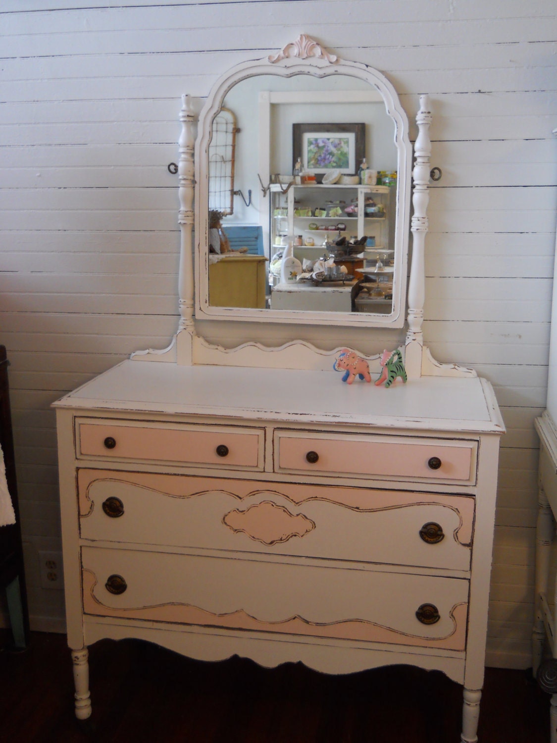 Vintage Shabby Distressed White and Pink Dresser SALE