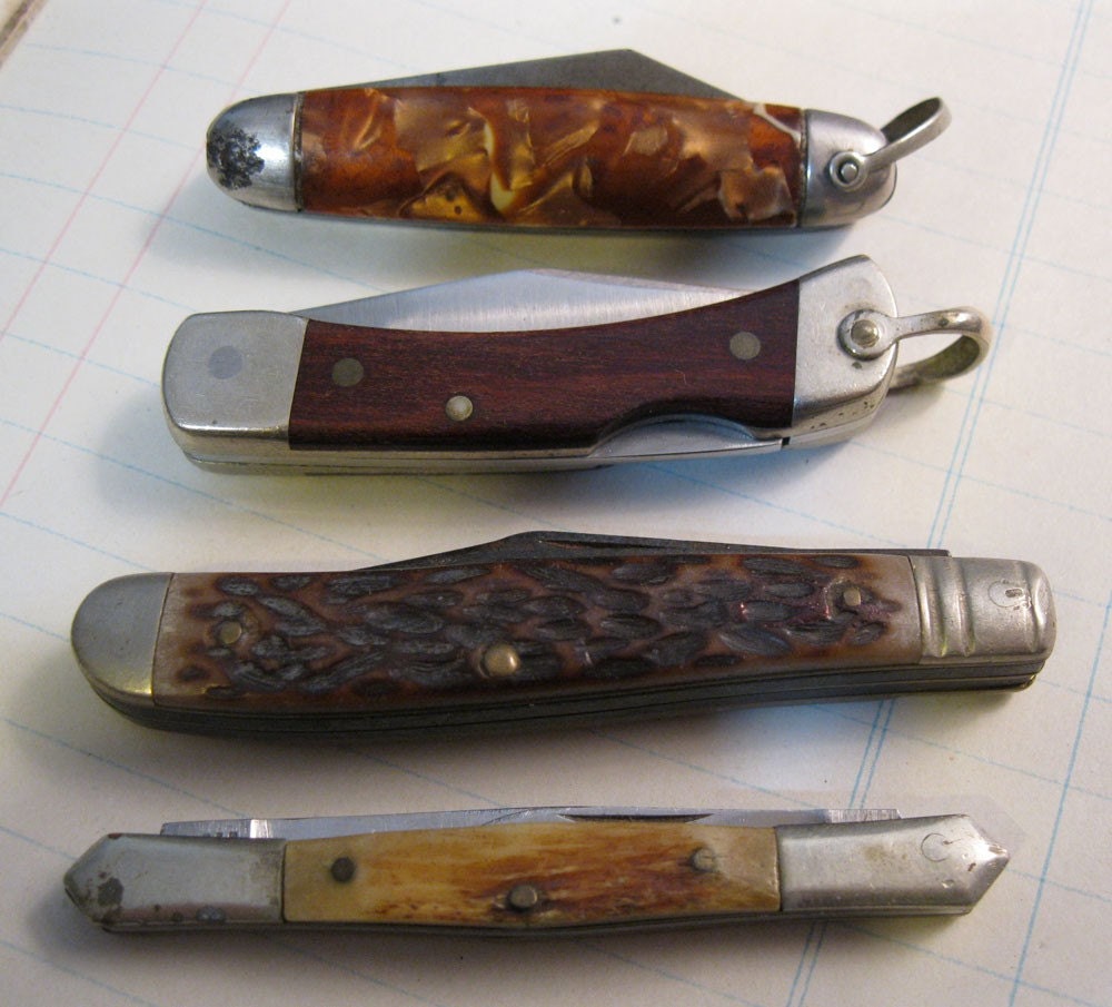 4 vintage pocket knives instant collection wood by theartfloozy