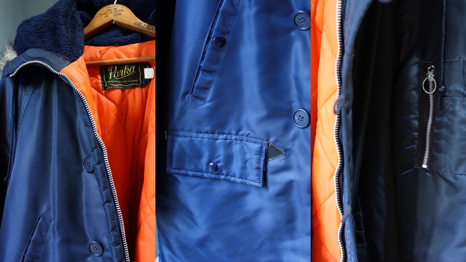 70s Parka / Snorkel Parka / Navy Blue w/ Orange lining