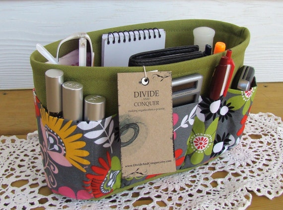 Items similar to Purse Insert ORGANIZER SHAPER / Cosmo Meadow Floral On Green / STURDY / 5 sizes ...