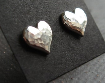 Silver Heart Stud Earrings with hammered textured- sterling silver sweetheart earrings silver stud earings, post earrings