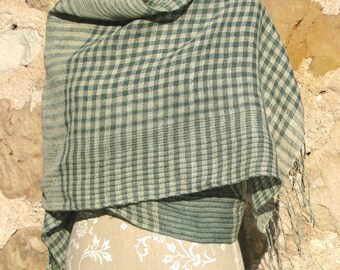 Handwoven Linen Flax Shawl- Green Islands Num3