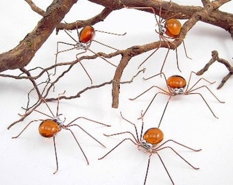 Five Small 3 inch Hanging RootBeer Brown Spiders Copper Wire Spider Home Decoration Insect Ornaments Unique Birthday Gift Window or Wall Art