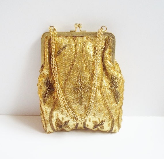 Vintage 1960s Gold Beaded Bridal Evening Bag Purse