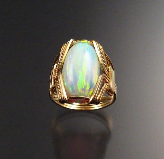 Wire-wrapped lab Opal ring 14k gold-filled Any Size