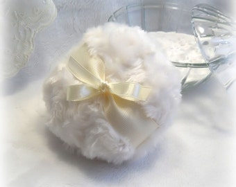 POWDER PUFF - soft cream and ivory - creme blanc pouf - gift box option- body powder duster - Handmade by Bonny Bubbles